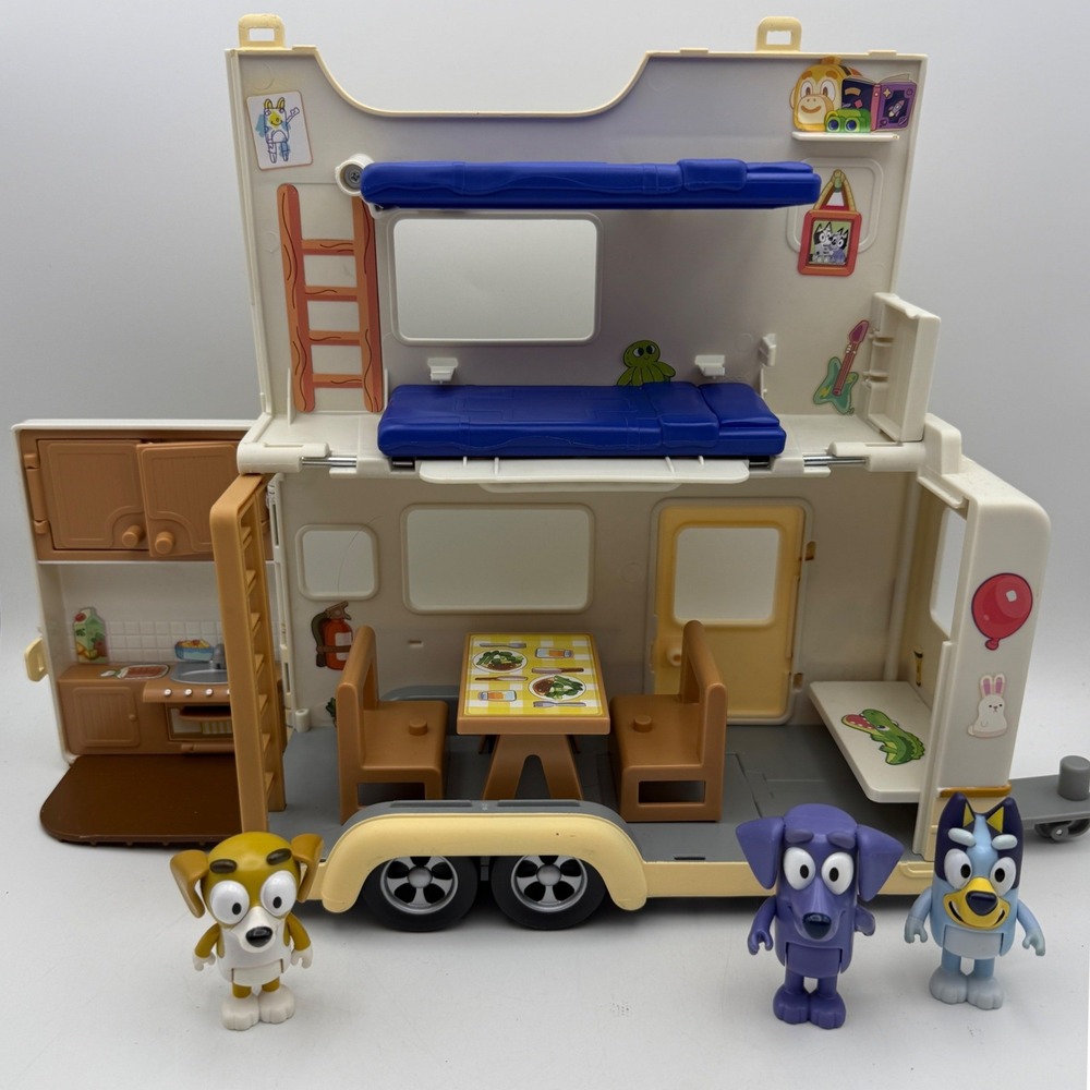 Bluey Caravan Playset Kids Tan Blue Fold Out RV with 3 Figures Pretend Play